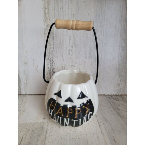 White pumpkin Happy Haunting Halloween ceramic bucket - Picture 1 of 6